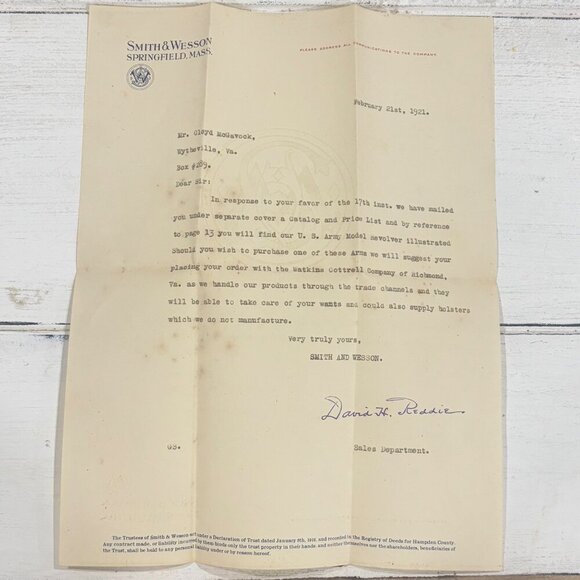 Antique Smith & Wesson Letter Signed Correspondence Ephemera 1921 David H Reddie - Picture 1 of 11